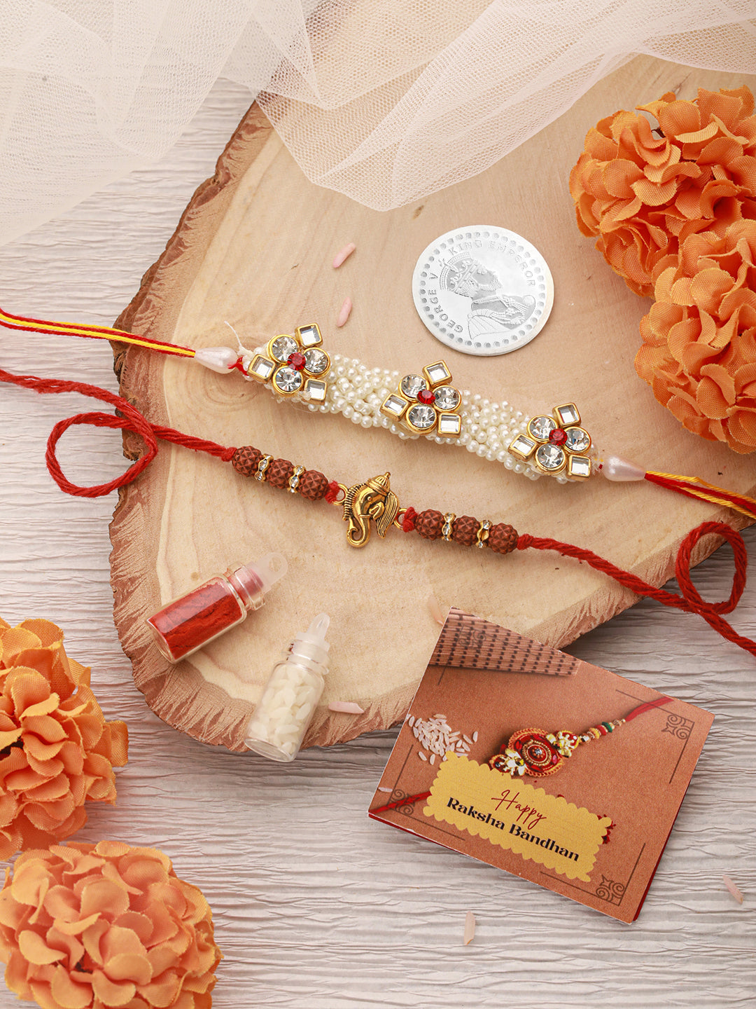 Set Of 2 Handcrafted Ganesh Rudraksh & Pearl Beaded Rakhi with 999 Silver King George Round 10 gm Silver Coin